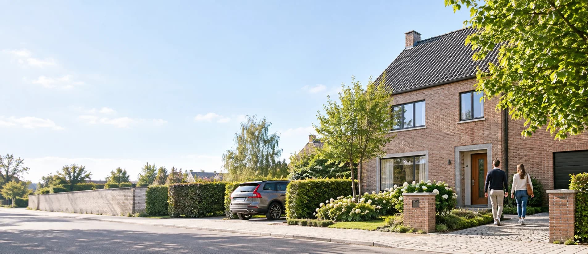 Woning met voortuin en een wagen in een Vlaamse woonomgeving